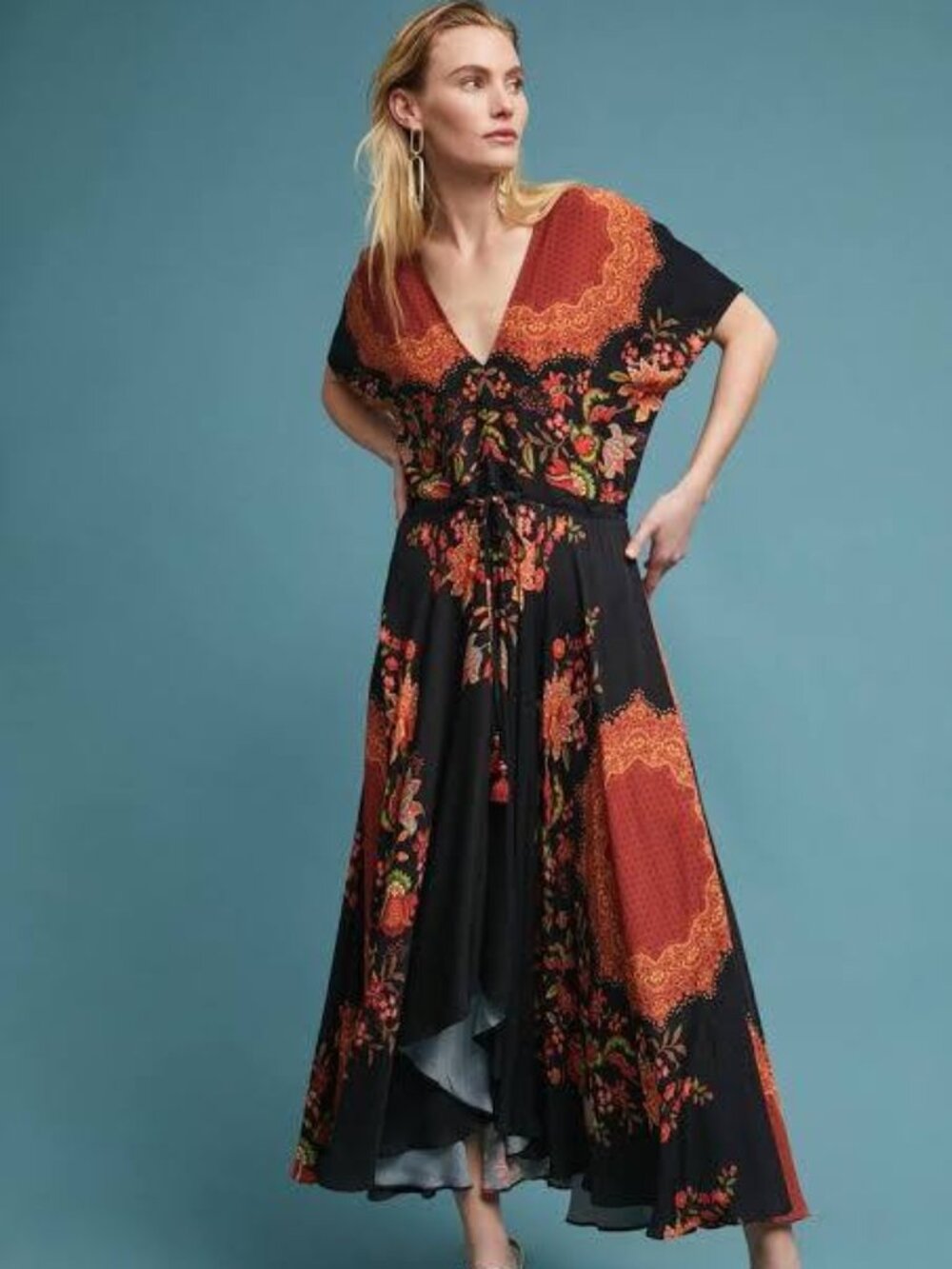 Farm Rio Marlow Floral V-Neck Maxi Dress Rust Black Size Medium
